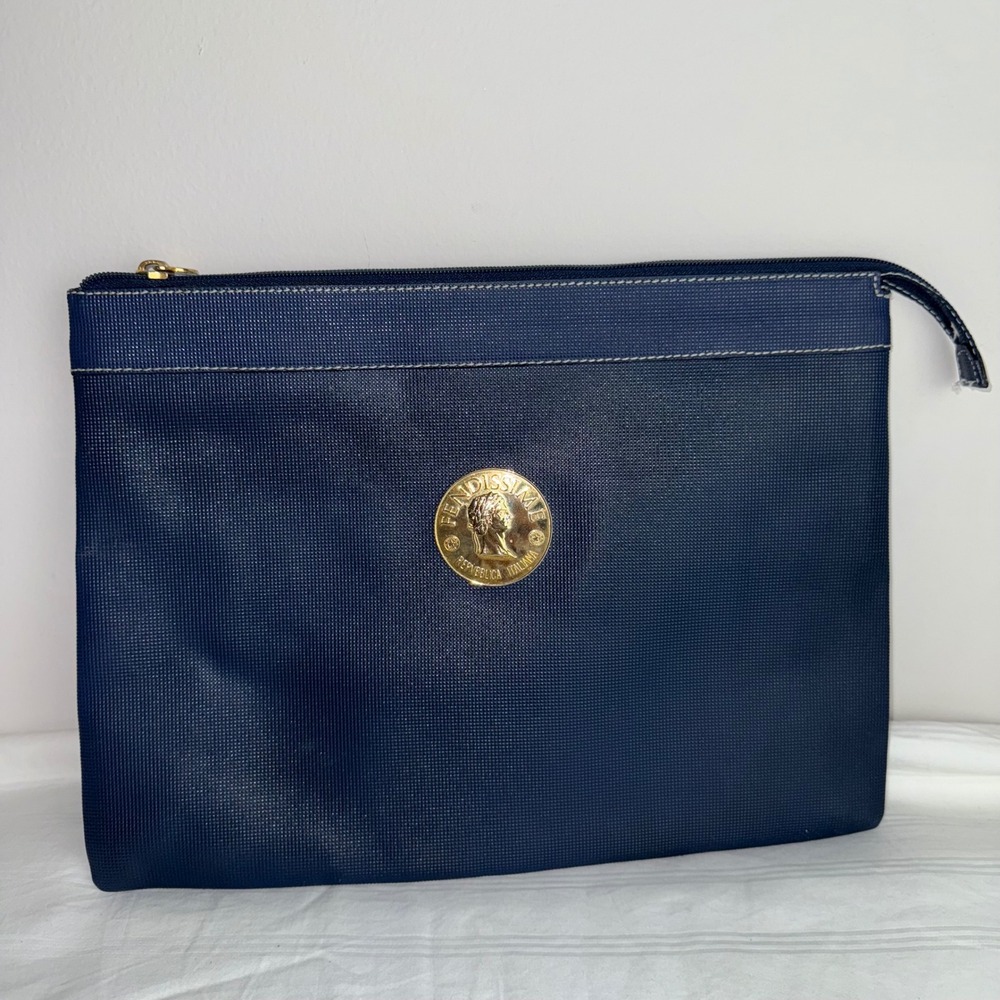 Fendissime Italy Large Clutch Bag Coin Logo Navy Blue‎ Zippered Pouch Envelope